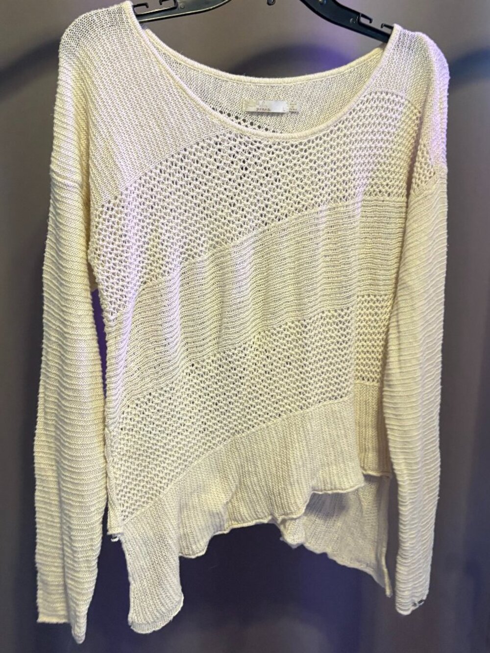 prAna Open Knit Crochet Sweater Large Cream Ivory Asymmetric Hem Boho Coastal
